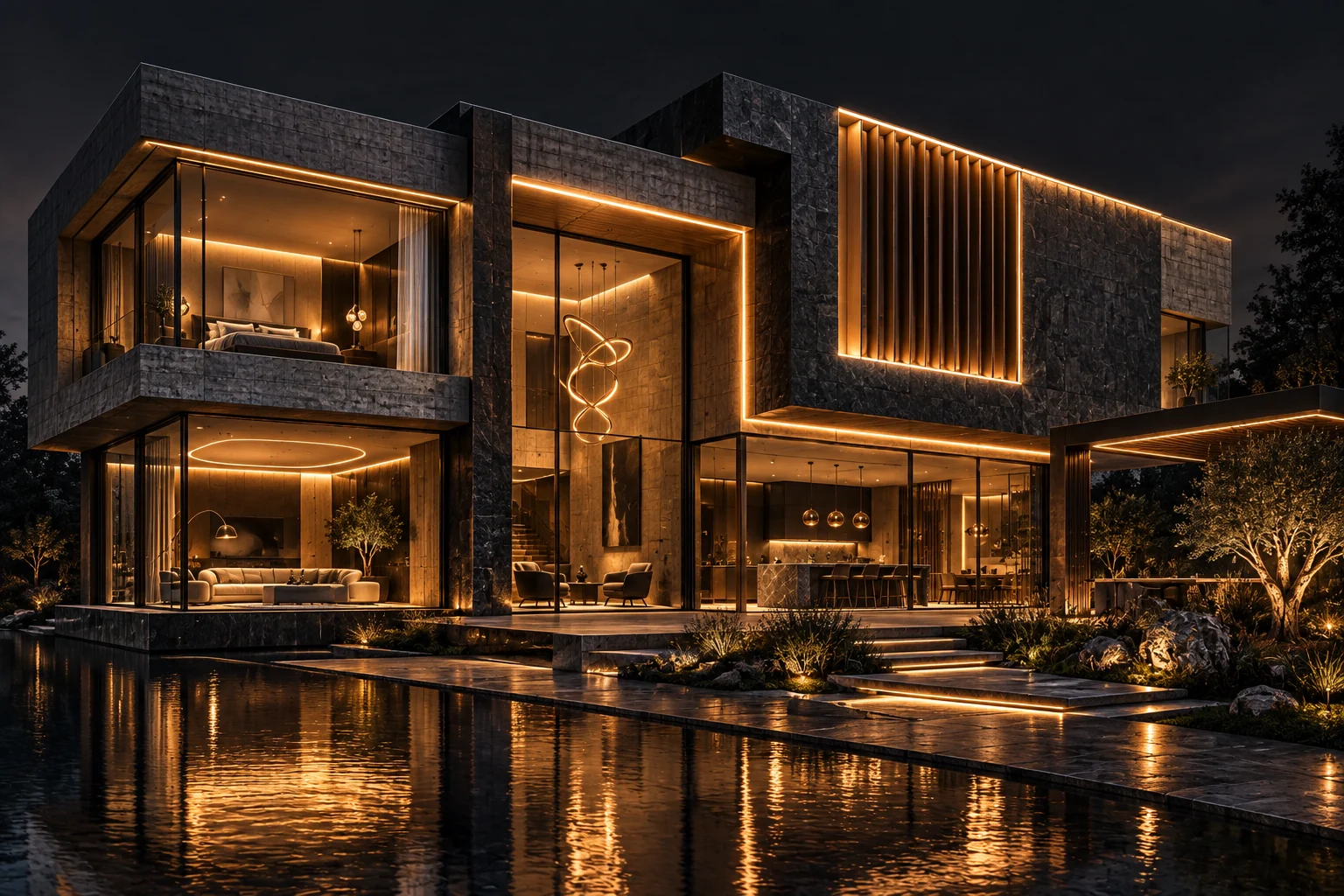 Cinematic architectural concept of an illuminated two-storey home with bedroom, living room, reception, kitchen and landscaped garden